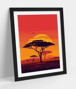 SUNSET SAFARI TREE ILLUSTRATION HOME DECOR FRAMED WALL ART POSTER PRINT 4 SIZES - Picture 1 of 10