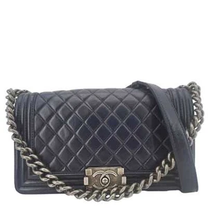 CHANEL Boy Flap Medium Quilted Lambskin Leather Crossbody Bag Navy Blue - Picture 1 of 18