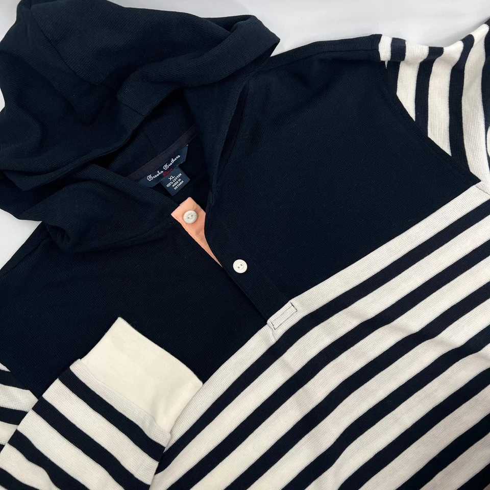 BROOKS BROTHERS FLEECE Boy's Sz XL Navy/White Striped 1/4-Button Pullover Hoodie - Image 1 of 4
