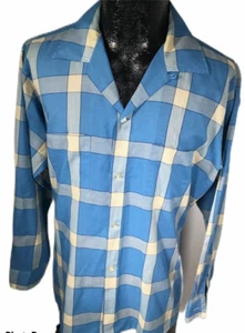 Vtg 50’s Arrow SANFORIZED Men Blue SHADOW PLAID Rockabilly Loop Collar Shirt L - Picture 1 of 7