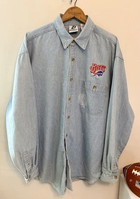 Vintage 90s Large Buffalo Bills NFL Spellout Button Down Denim Jean Shirt - Image 1 of 4