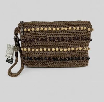 The Sak Sayulita Vegan Crochet Beaded Dark Taupe Wristlet Zip Closure Pouch New - Image 1 of 4