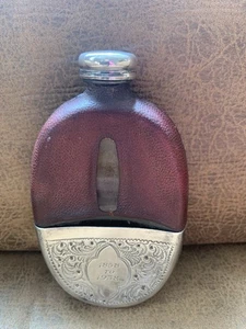 Antique Engraved Hip Flask -glass, Leather And Silver plate Cup - Picture 1 of 8