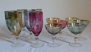 Nettes Glas-Set: 6x Weinglas + 6x Sektschale, farbig, Schliff + Goldrand (861) - Bild 1 von 8