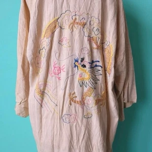 Antique Silk Kimono, Dragon Hand Embroidered, Natural Fibers, Pastel Neutral - Picture 1 of 16