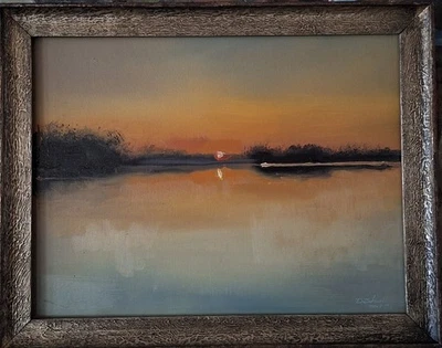 Original Ölgemälde Oil Sundown Dawn Bodden Abendsonne  Impressionismus Rahmen - Bild 1 von 4