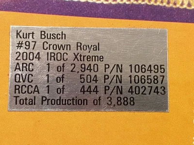 2004 Kurt Busch #97 Crown Royal IROC Xtreme Action NASCAR Diecast 1:24 Lot 242 - Image 1 of 4