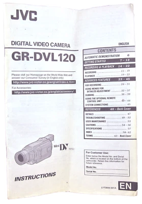 JVC GR-DVL120 Digital Video Camera User's Manual, Mini DV NTSC Instructions - Image 1 of 2
