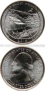 USA America Beautiful Quarter 2014 (D) UNC (KM# 566) 'Great Smoky Mountains, TN' - Picture 1 of 1