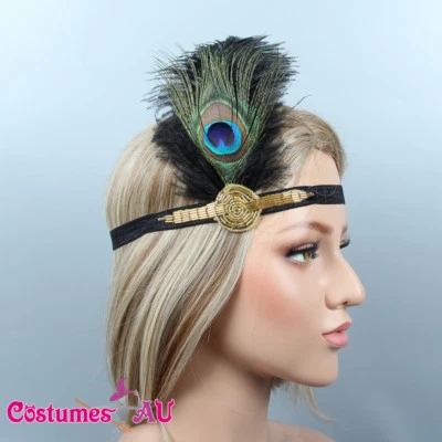 Diadema de los años 20 plumas de pavo real dorada nupcial gran Gatsby tocado aleta años 20 Foto 1 de 2