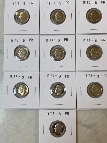 1970 to 1979 S Proof Roosevelt Dime Set 10 Coin Set Cover