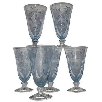 Винтажный Fostoria травленый синий сок стаканы набор из 6 листьев дизайн посуда - Изображение 1 из 4