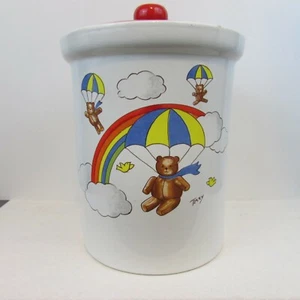 Vintage Hand Painted Cookie Jar Bears Umbrellas Rainbow Made in Italy Decor - Picture 1 of 10