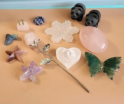 Cartera de cuarzo rosa y piedra de palma obsidiana pandas selenita copo de nieve Amy Star Foto 1 de 4