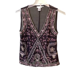 Hennes schwarz Perlen Blumen V-Ausschnitt ärmellos transparent Top Damen Gr. 8 formell - Bild 1 von 9