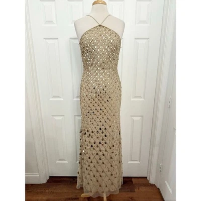 Aidan Mattox Gold Sequin Beaded Embroidered Halter Neck Mermaid Gown Dress 8 - Image 1 of 4
