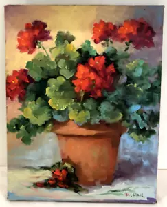 Signiertes Original Gemälde auf Leinwand von Dee Frank Geranien im Topf 11X14 ungerahmt - Bild 1 von 12