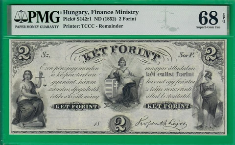 Hungary 2 forint ND(1852), S142r1,Superb Gem UNC *68* EPQ! Top Pop @ PMG report! Cover