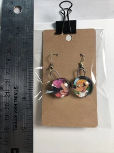 Vintage Mickey And Minnie Mouse, Glass Cabochon, Dangle Drop Earrings, - Picture 1 of 3