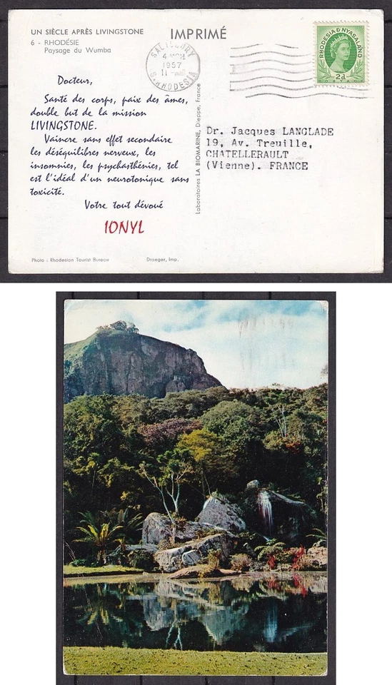 w1018/Rodesia y Nyasalandia IONYL cubierta de postal t/Francia 1957 Foto 1 de 1