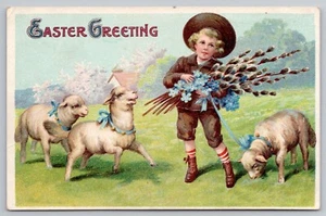 1910s "Easter Greetings" Postcard Lambs & Boy, Child Meadow Blue Flowers Ribbons - Picture 1 of 4
