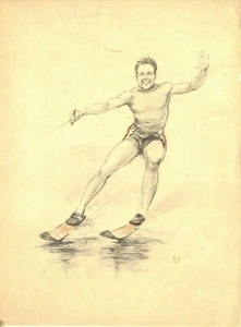 SPORT / DESSIN ORIGINAL / SKI NAUTIQUE / INITIALES BD - Foto 1 di 1