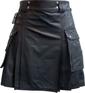 Mens Real Leather Cargo Pockets Pleated Kilt Utility Kilt Clubwear Kilt 