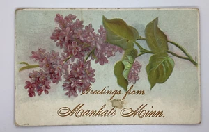 Postcard Greetings from Mankato Minnesota MI Embossed Flower 1909 H214 - Picture 1 of 2