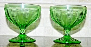Vintage Green Depression Uranium Glass Sherbet Dessert Footed Dish Lot 2 Glows  - Picture 1 of 9