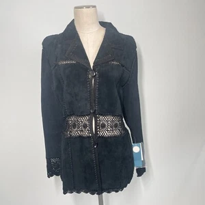 Giacca scamosciata vintage Y2K donna L pelle nera uncinetto strega boho fata bottone - Foto 1 di 14