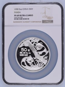 1990 5 oz CHINA PANDA 5 oz SILVER 50Y NGC PF69UC FINEST GRADED - Picture 1 of 2