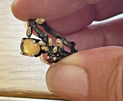 Stunning Fire Opal & Amethyst Ring Brown Twig and Gold Leaf Design size S or 9 - Image 1 of 4