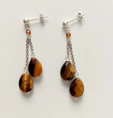 Orecchini in argento 925 occhio di tigre a goccia sfaccettata e cubic zirconia  - Immagine 1 di 4