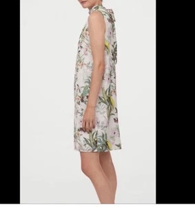 H & M Floral & Bird Print Tie Back Shift Satin Dress Lined size Large - Picture 1 of 14