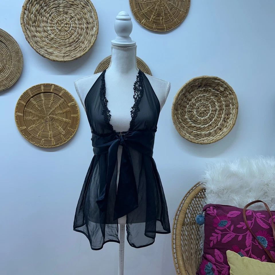 Lencería Negra Victoria's Secret Años 2000 Y2K Mediana Encaje Transparente Sexy Corbata Frontal Encaje Foto 1 de 4