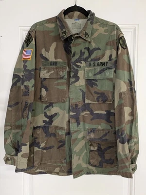 Vintage U.S. Army Jacket Combat With Patches Sz M Woodland Camo BDU Combat Coat  - Image 1 of 4