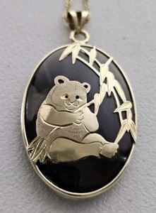 14K Gold Panda & Bamboo Tree Smoky Quartz Pendant 20" Necklace 6.8 Grams  - Picture 1 of 23