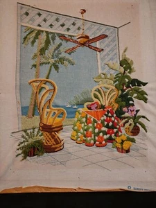 Vintage Crewel Stickerei Retro 1980er Größe 20x17 hausgemacht böhmische Küste Sonne R - Bild 1 von 4