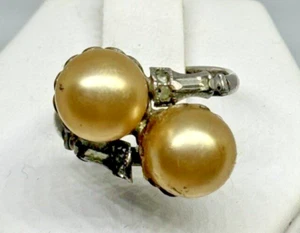 Vint Uncas Ring Sterling Silver Faux Pearls Faceted Round/Baguette Paste s8.25 - Picture 1 of 6