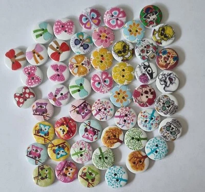 50 Buttons Size 15mm Assortment of Flower, Butterfly, Tree, Owl, Bow & Skull - Image 1 of 2