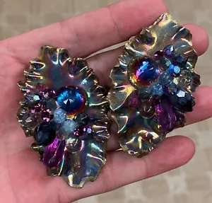 Vintage Huge Signed AB Rhinestone Hand Crafted Abstract Runway EARRINGS EXC! - Picture 1 of 7