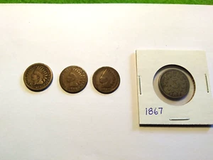 3 Vintage Indian Head Pennies- 1863, 1883, & 1889 + 1867 5 cent nickel. - Picture 1 of 10