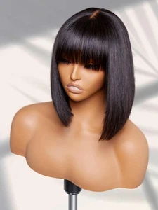 Silky Straight Short Bob Wig with Bangs, 10 Inch Human Hair Realistic HD Lace... - Picture 1 of 8
