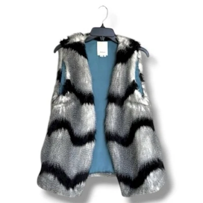 Chaleco Anthropologie Elevenses Peludo Negro/Gris Chevron Rayas Piel Sintética Pequeño Foto 1 de 4