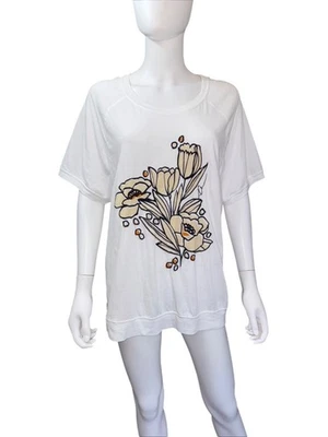 Camiseta Donna Karan Estampado Floral Mujer XL Blanca 100% Algodón Calce Relajado Foto 1 de 4
