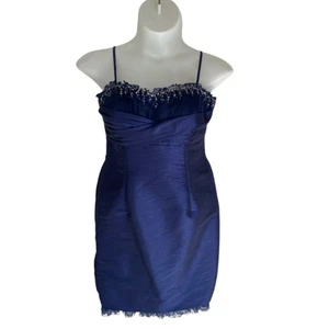 Maggie Sottero Flirt Royal Blue Beaded Satin Spaghetti Strap Dress 14 - Picture 1 of 4