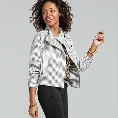𝅺CABI Jacket Women’s M Asymmetrical Button Front Black White Windowpane Preppy - Image 1 of 4