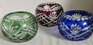 3 Vintage 5th Ave. Böhmischer Schliff auf klarem Kristall. Blaue, weinrote & grüne Kerzen. - Bild 1 von 7