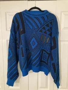Vintage McGregor Acrylic Knit Sweater Geometric Blue Black Coogi Style L 90s - Picture 1 of 8