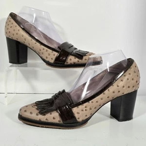 Pilar Abril Ostrich Leather Block Heel Shoes EU 40 US 9.5 Tan Brown Tassels - Picture 1 of 12